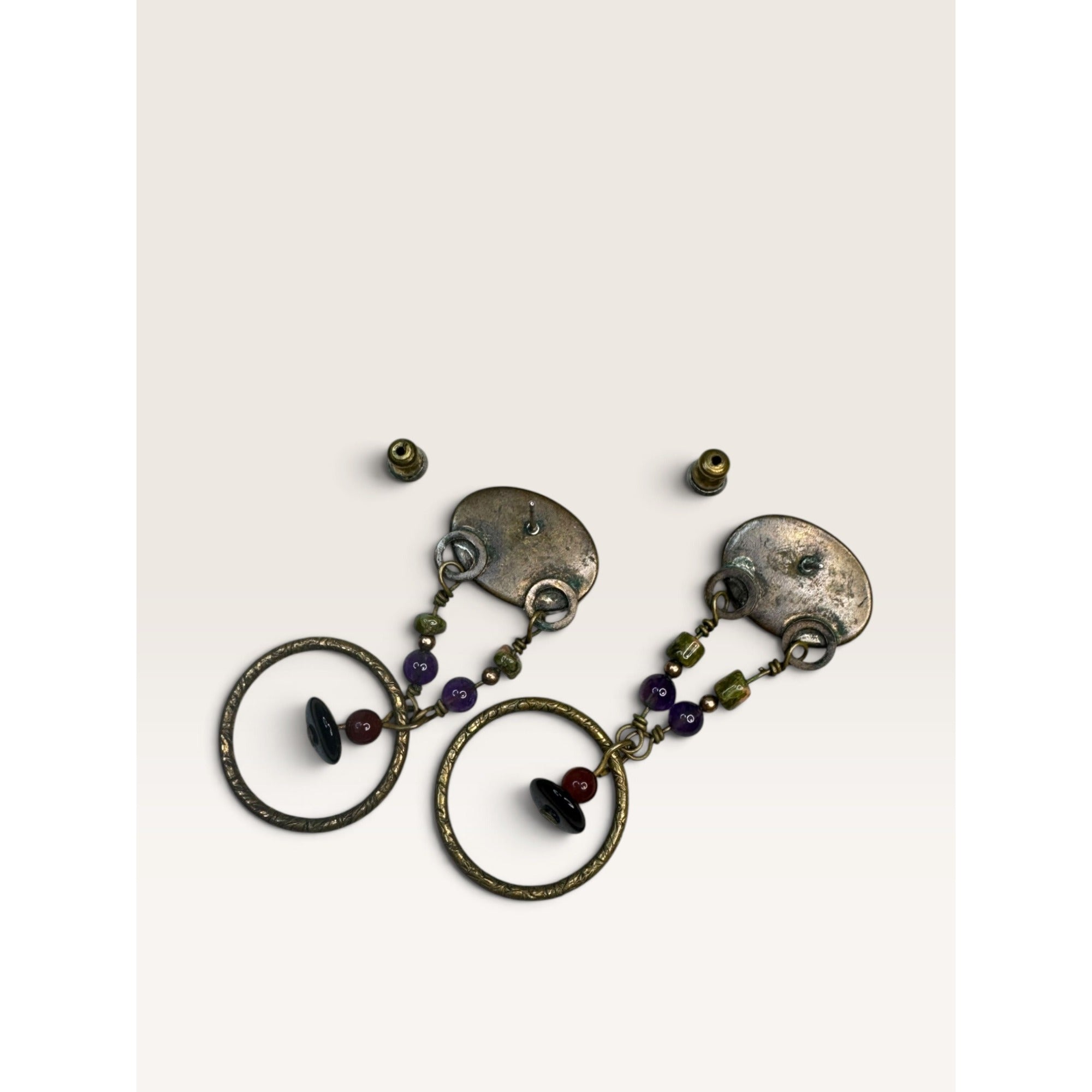 1990s Purple Amethyst Stone Beaded Hoop Dangle Pierced Earrings 2.28" Vintage