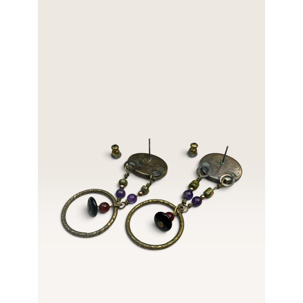 1990s Purple Amethyst Stone Beaded Hoop Dangle Pierced Earrings 2.28" Vintage