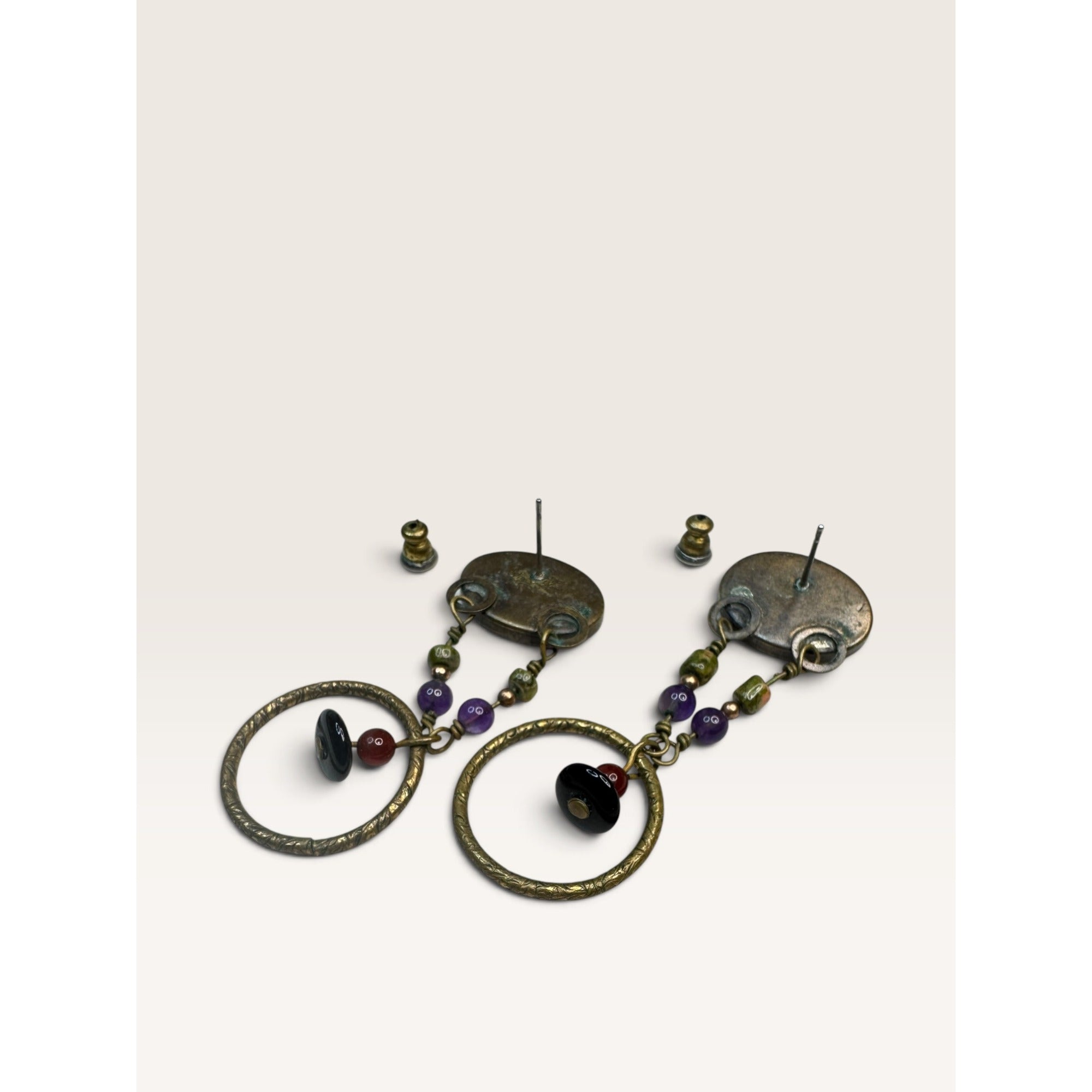 1990s Purple Amethyst Stone Beaded Hoop Dangle Pierced Earrings 2.28" Vintage
