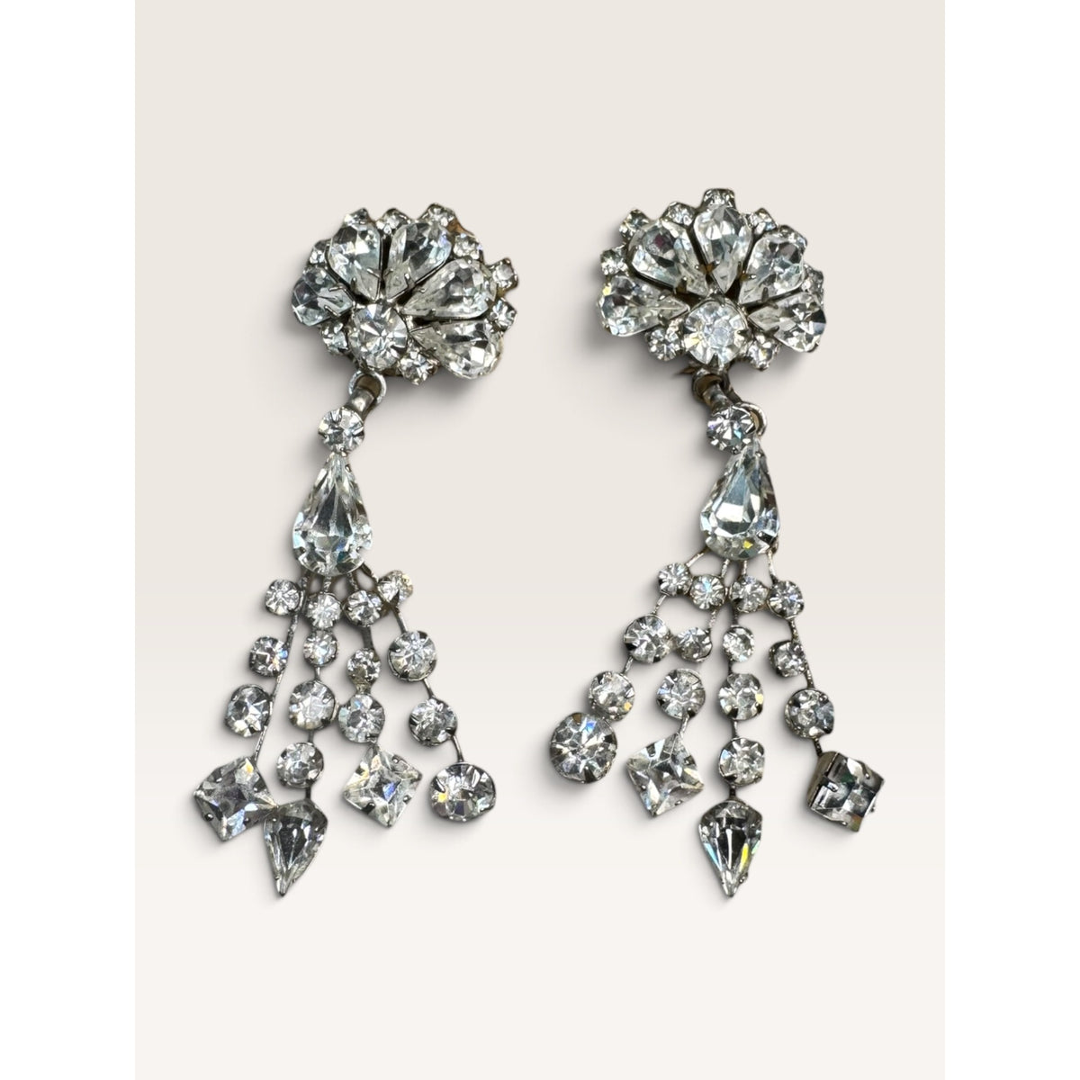 1950s Clear Crystal Rhinestone Chandelier Waterfall Clip Earrings 2.79" Vintage