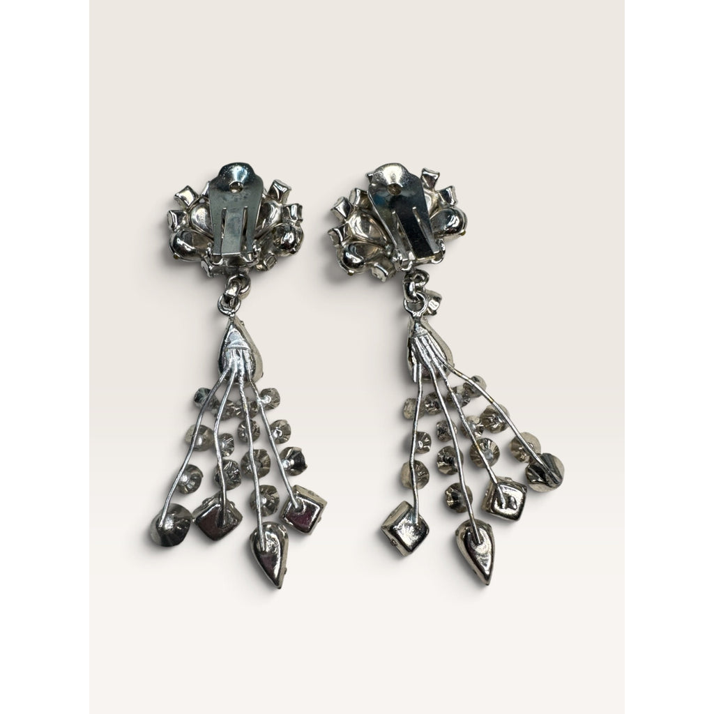 1950s Clear Crystal Rhinestone Chandelier Waterfall Clip Earrings 2.79" Vintage