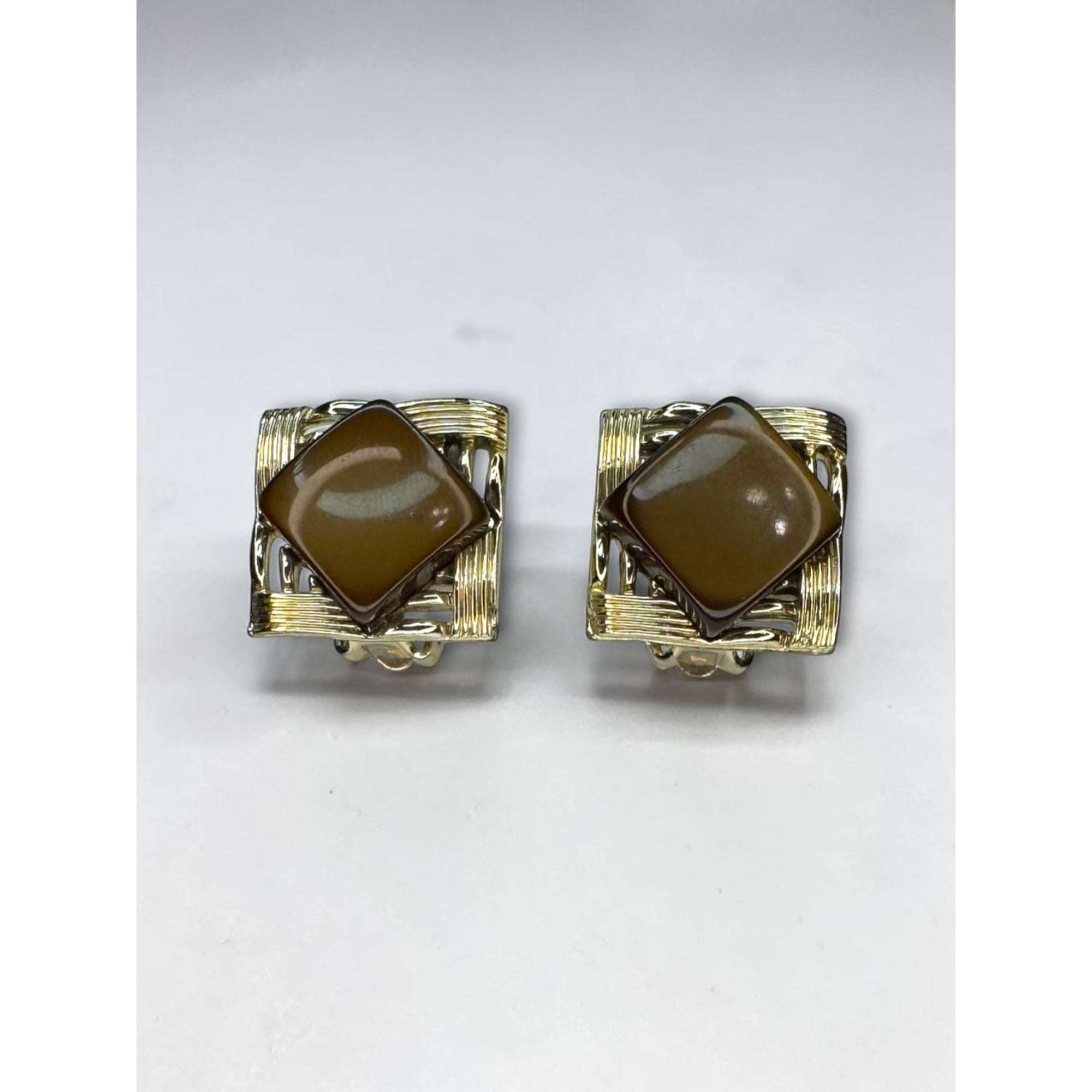 Coro Brown Moonglow Lucite Square Clip On Earrings Gold Tone 1960s Vintage