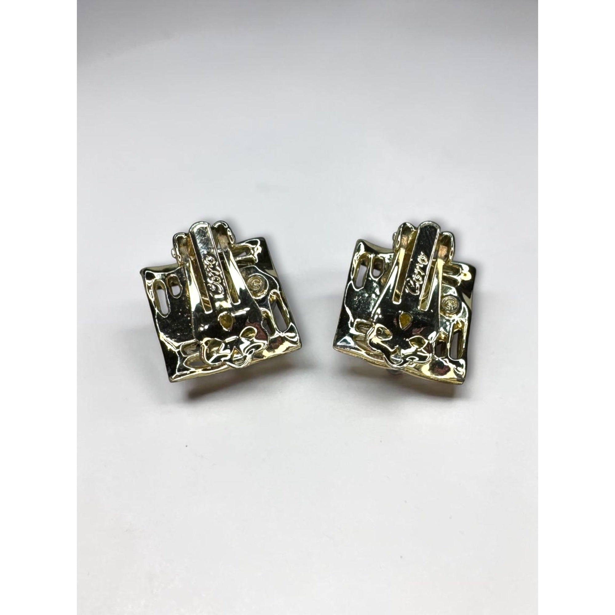 Coro Brown Moonglow Lucite Square Clip On Earrings Gold Tone 1960s Vintage