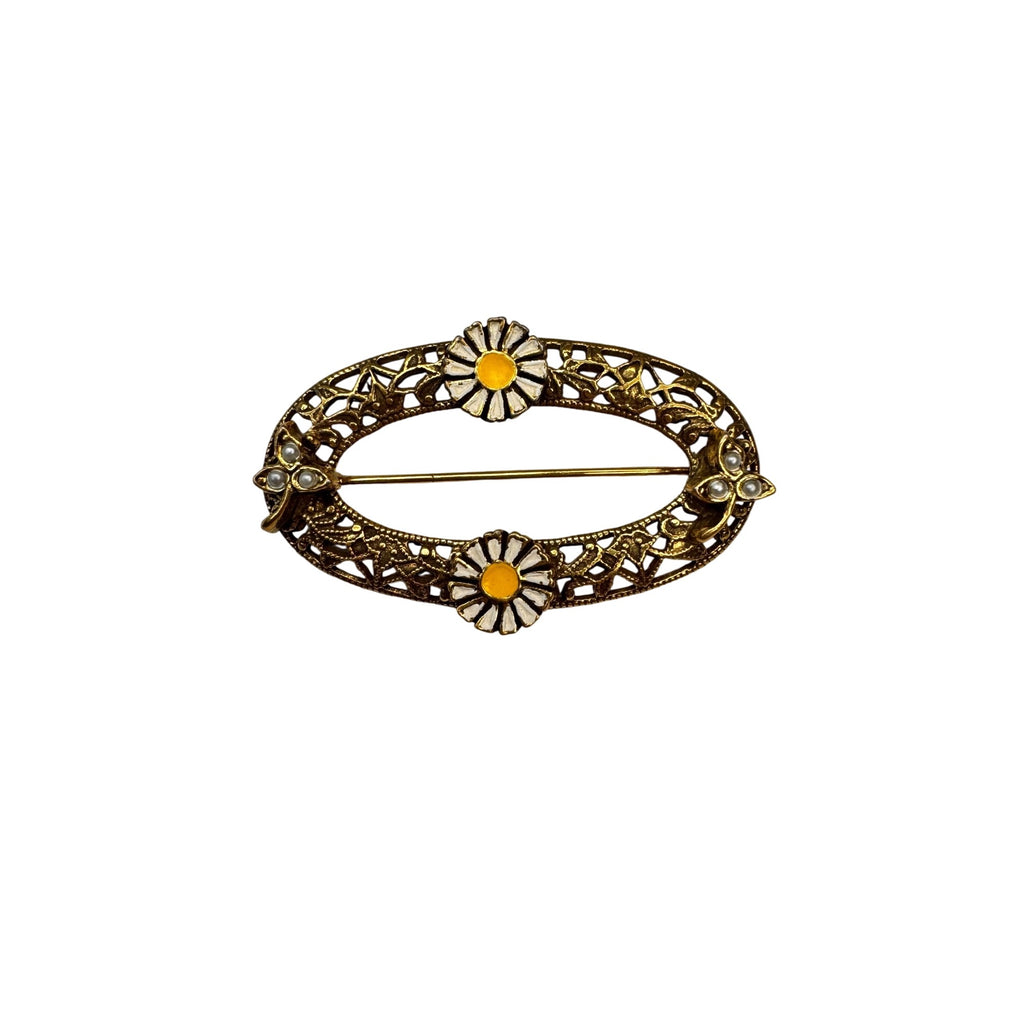 Oval Brooch Gold Tone Enamel Daisy Filigree Floral 1960s Vintage Unsigned