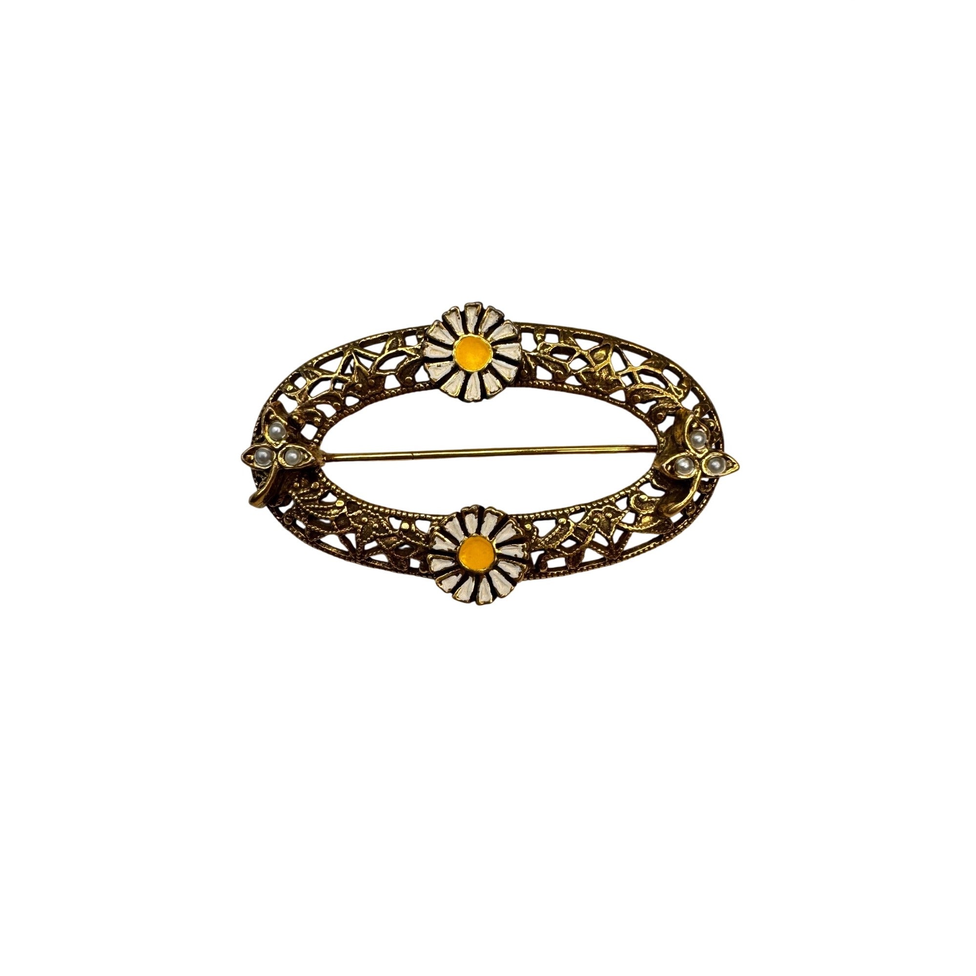 Oval Brooch Gold Tone Enamel Daisy Filigree Floral 1960s Vintage Unsigned