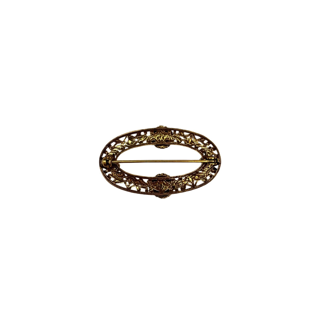 Oval Brooch Gold Tone Enamel Daisy Filigree Floral 1960s Vintage Unsigned