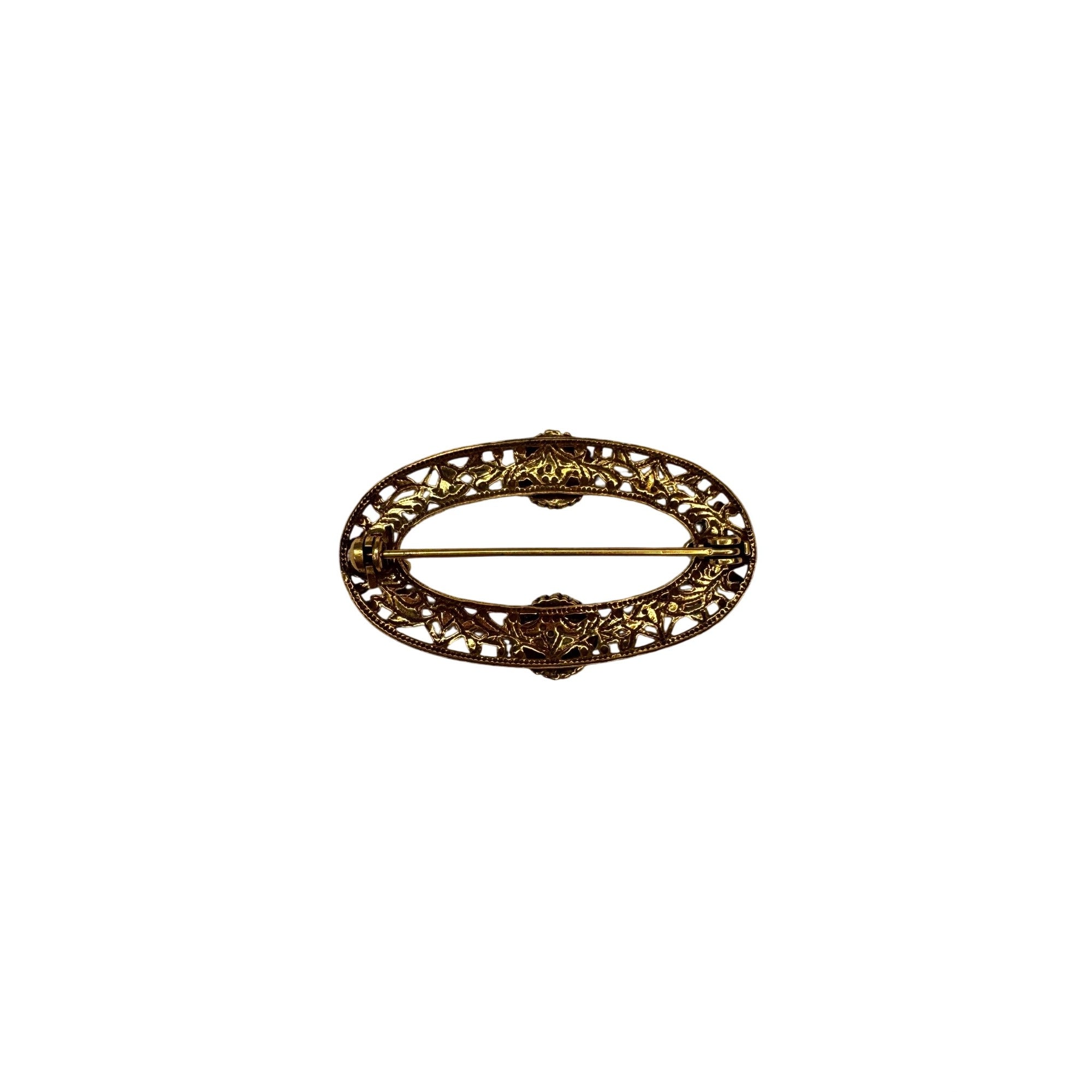 Oval Brooch Gold Tone Enamel Daisy Filigree Floral 1960s Vintage Unsigned