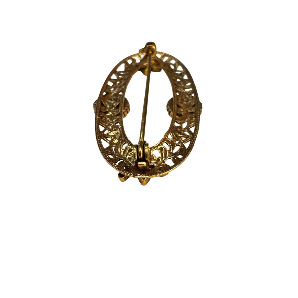 Oval Brooch Gold Tone Enamel Daisy Filigree Floral 1960s Vintage Unsigned