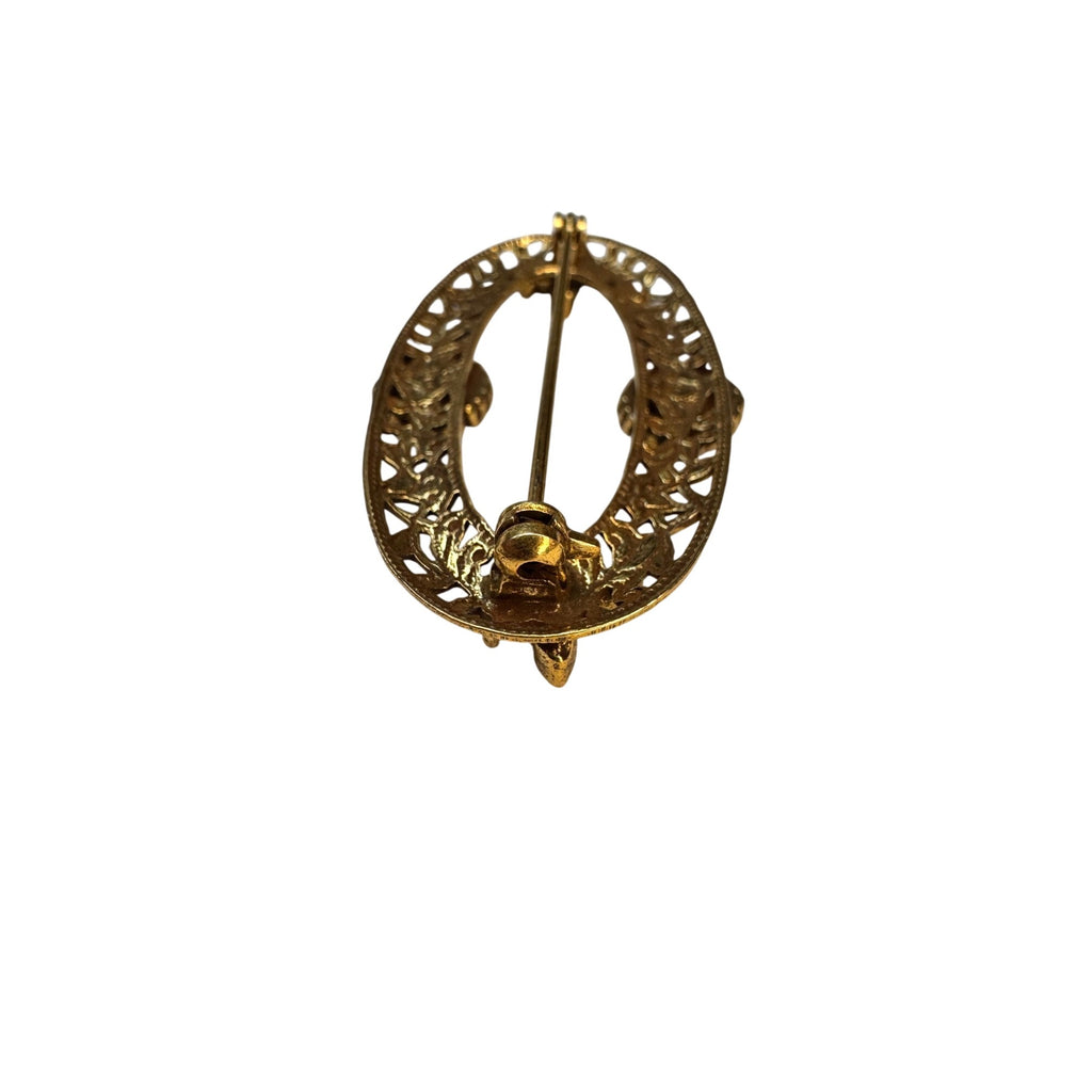 Oval Brooch Gold Tone Enamel Daisy Filigree Floral 1960s Vintage Unsigned