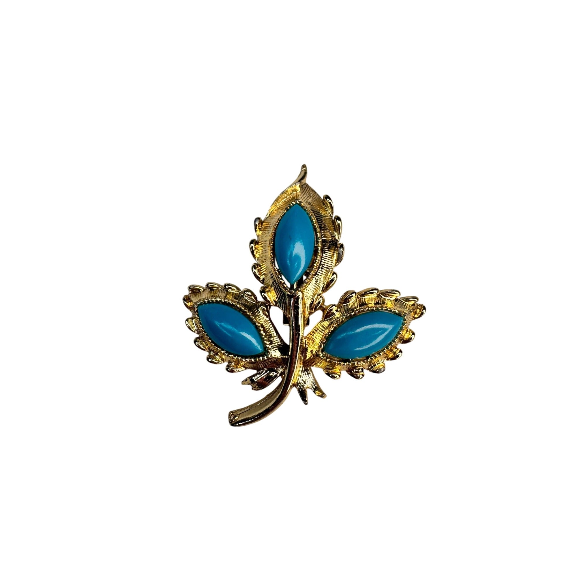 Leaf Brooch Turquoise Acrylic Cabochon Gold Tone Textured 1960s Vintage