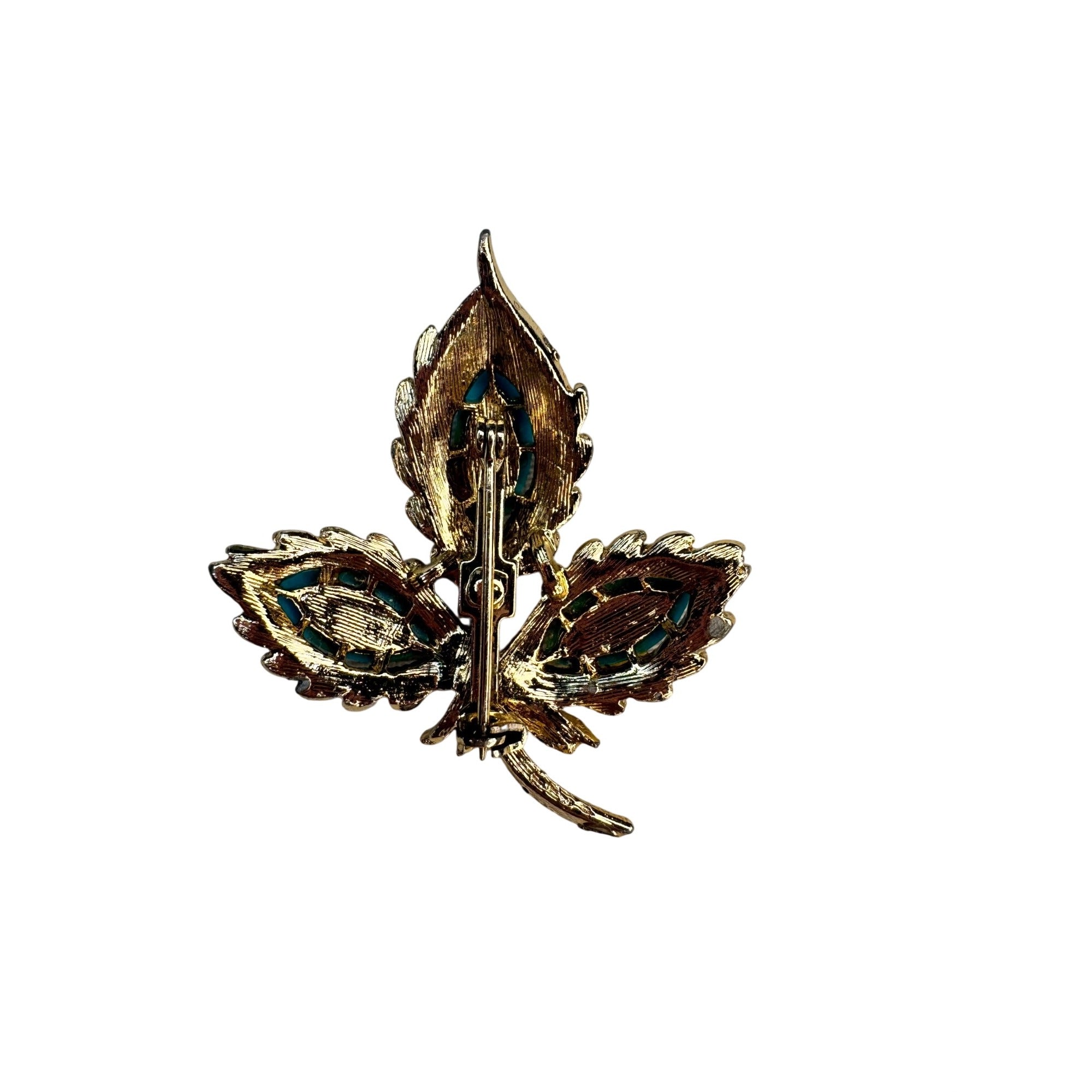 Leaf Brooch Turquoise Acrylic Cabochon Gold Tone Textured 1960s Vintage