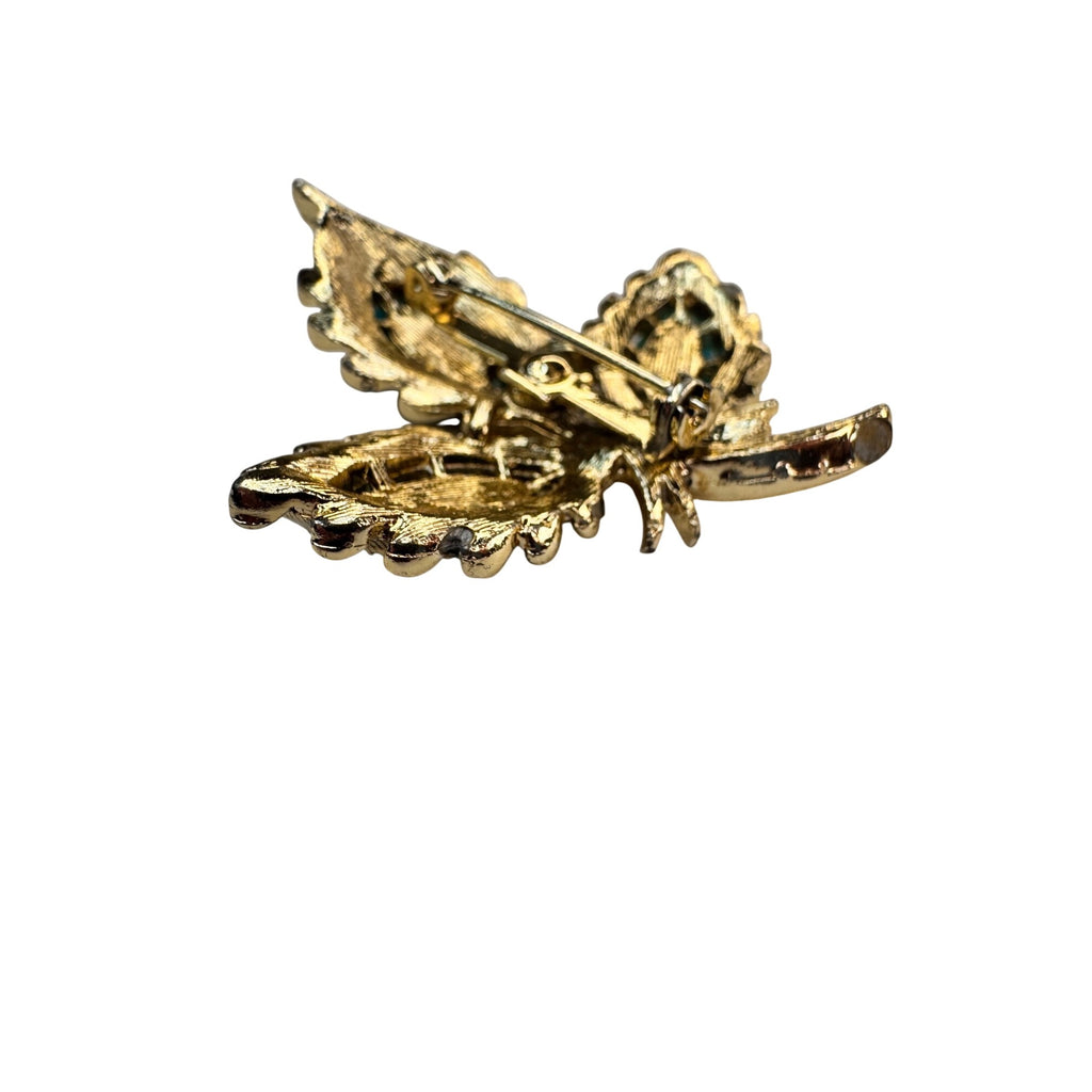 Leaf Brooch Turquoise Acrylic Cabochon Gold Tone Textured 1960s Vintage