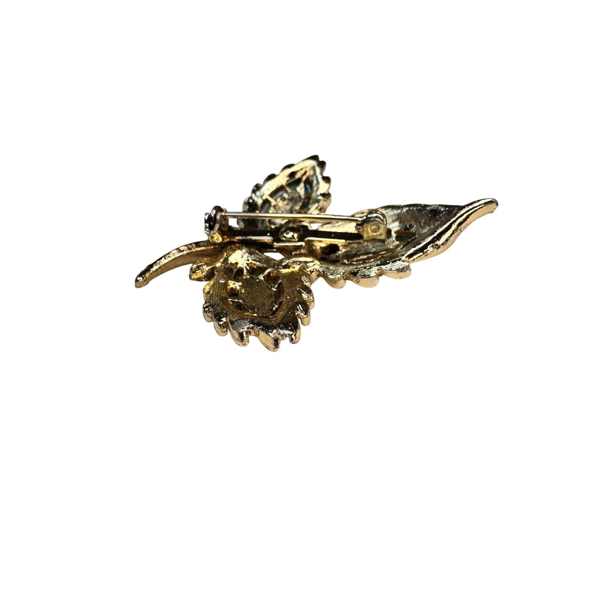 Leaf Brooch Turquoise Acrylic Cabochon Gold Tone Textured 1960s Vintage