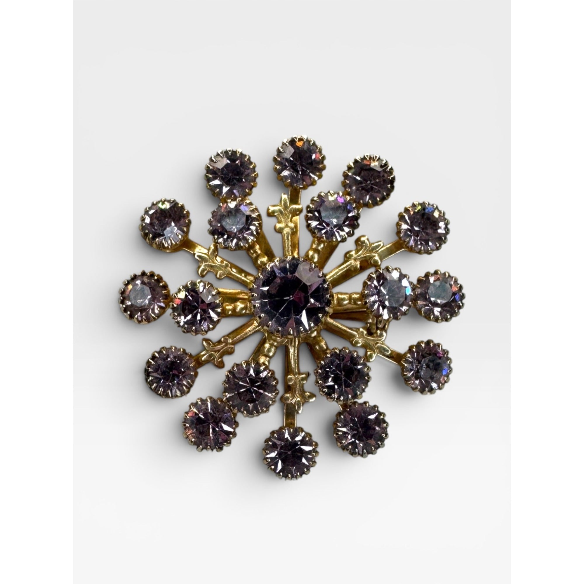 Lavender Crystal Starburst Snowflake Brooch Gold Tone Rhinestone Pin