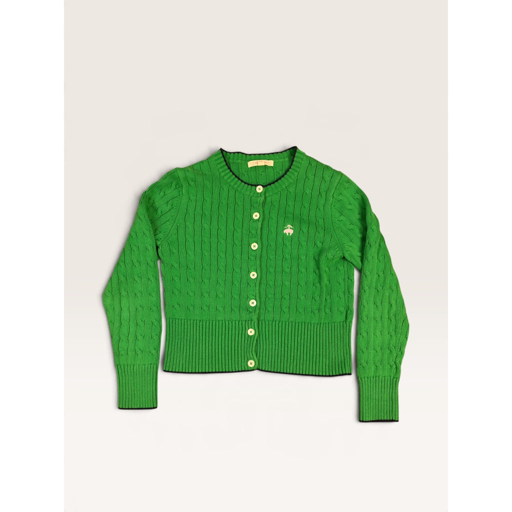 Brooks Brothers Women's M Cable Knit Cardigan Sweater Green Navy Tipped Logo