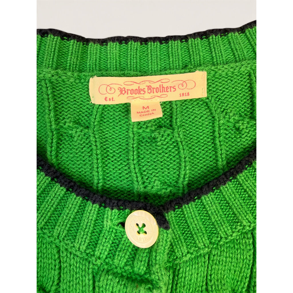 Brooks Brothers Women's M Cable Knit Cardigan Sweater Green Navy Tipped Logo