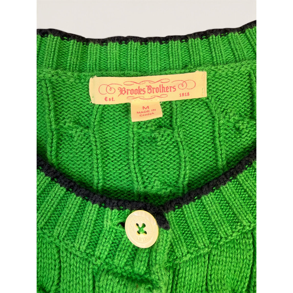 Brooks Brothers Women's M Cable Knit Cardigan Sweater Green Navy Tipped Logo