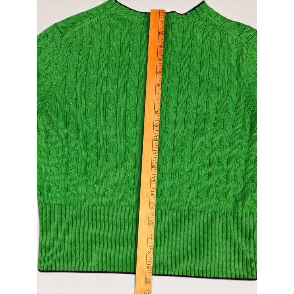 Brooks Brothers Women's M Cable Knit Cardigan Sweater Green Navy Tipped Logo