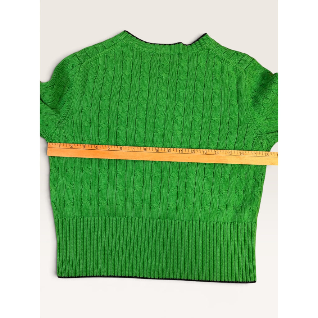 Brooks Brothers Women's M Cable Knit Cardigan Sweater Green Navy Tipped Logo