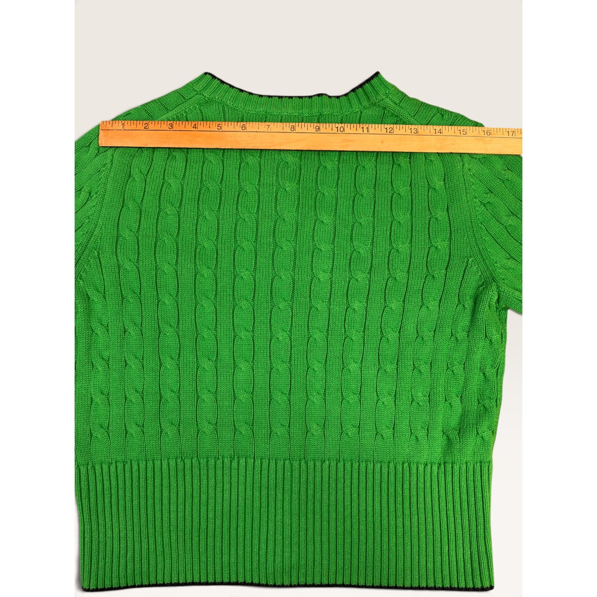 Brooks Brothers Women's M Cable Knit Cardigan Sweater Green Navy Tipped Logo
