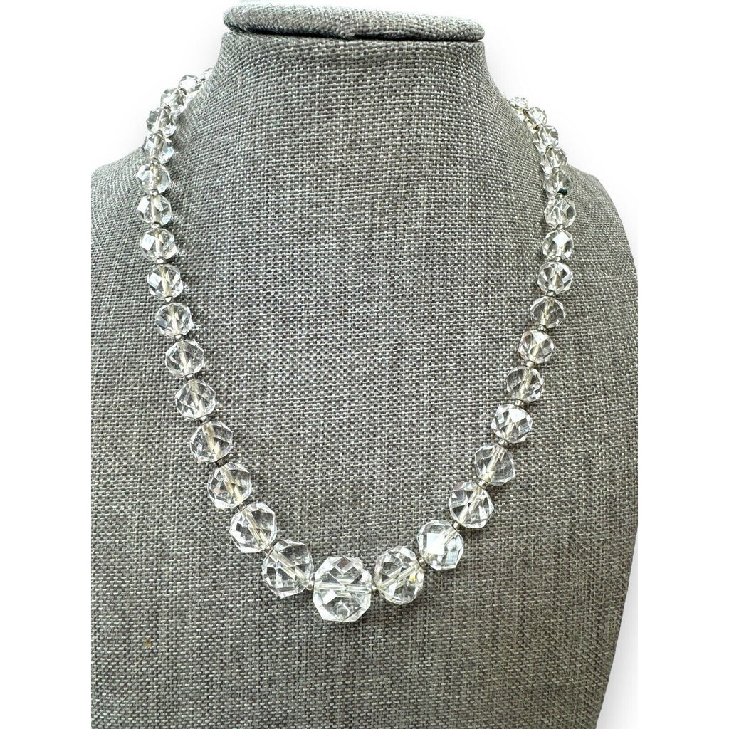 Art Deco Crystal Bead Necklace Clear Faceted Glass 14"–16"