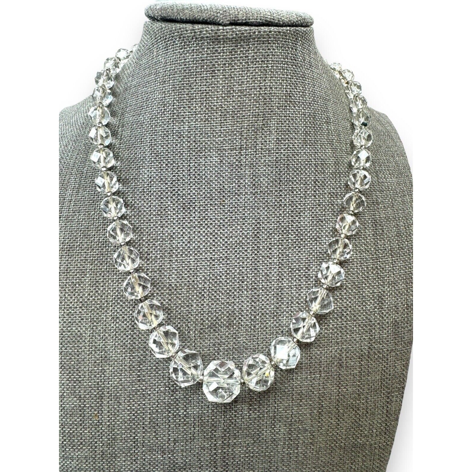 Art Deco Crystal Bead Necklace Clear Faceted Glass 14"–16"