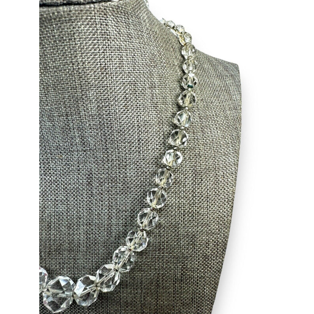 Art Deco Crystal Bead Necklace Clear Faceted Glass 14"–16"