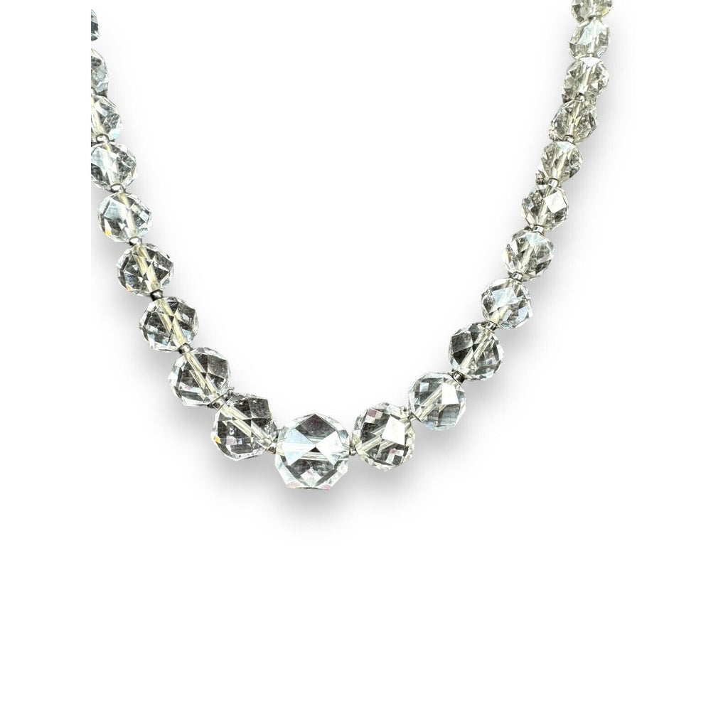 Art Deco Crystal Bead Necklace Clear Faceted Glass 14"–16"