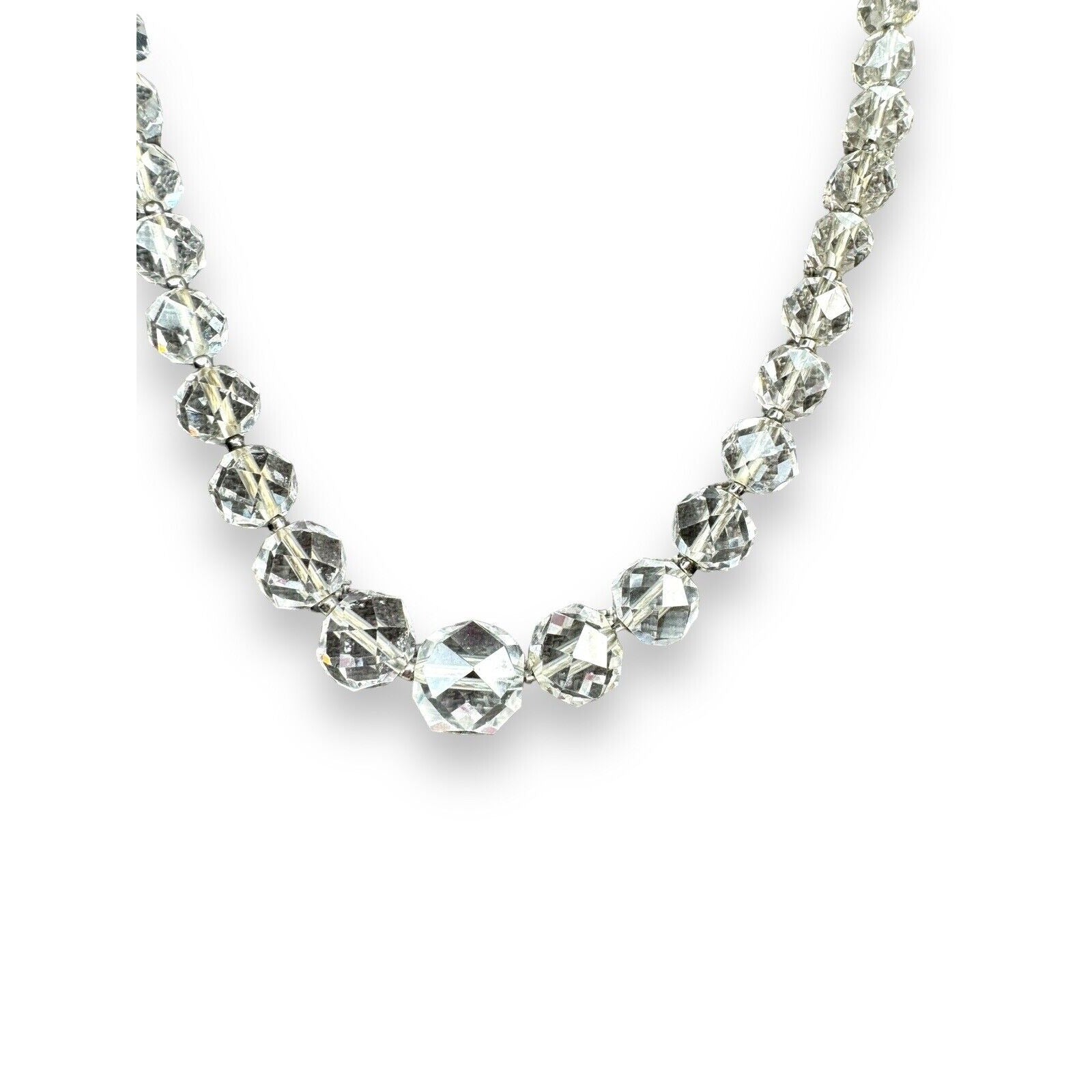 Art Deco Crystal Bead Necklace Clear Faceted Glass 14"–16"
