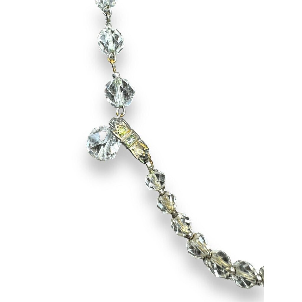Art Deco Crystal Bead Necklace Clear Faceted Glass 14"–16"