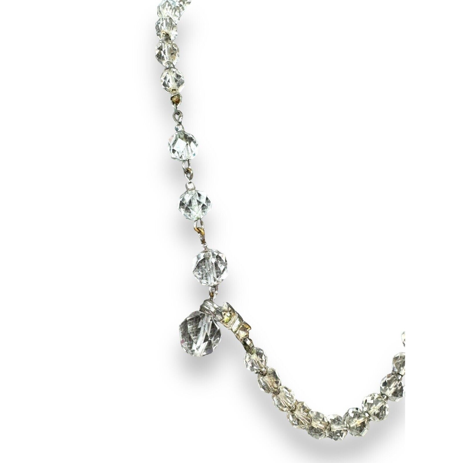 Art Deco Crystal Bead Necklace Clear Faceted Glass 14"–16"
