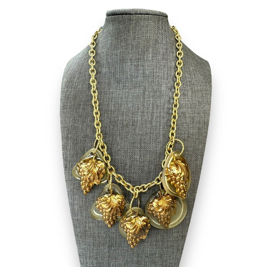 Artisan Gay Isber Statement Necklace Gold Grape Charms Resin Mixed Media 19”