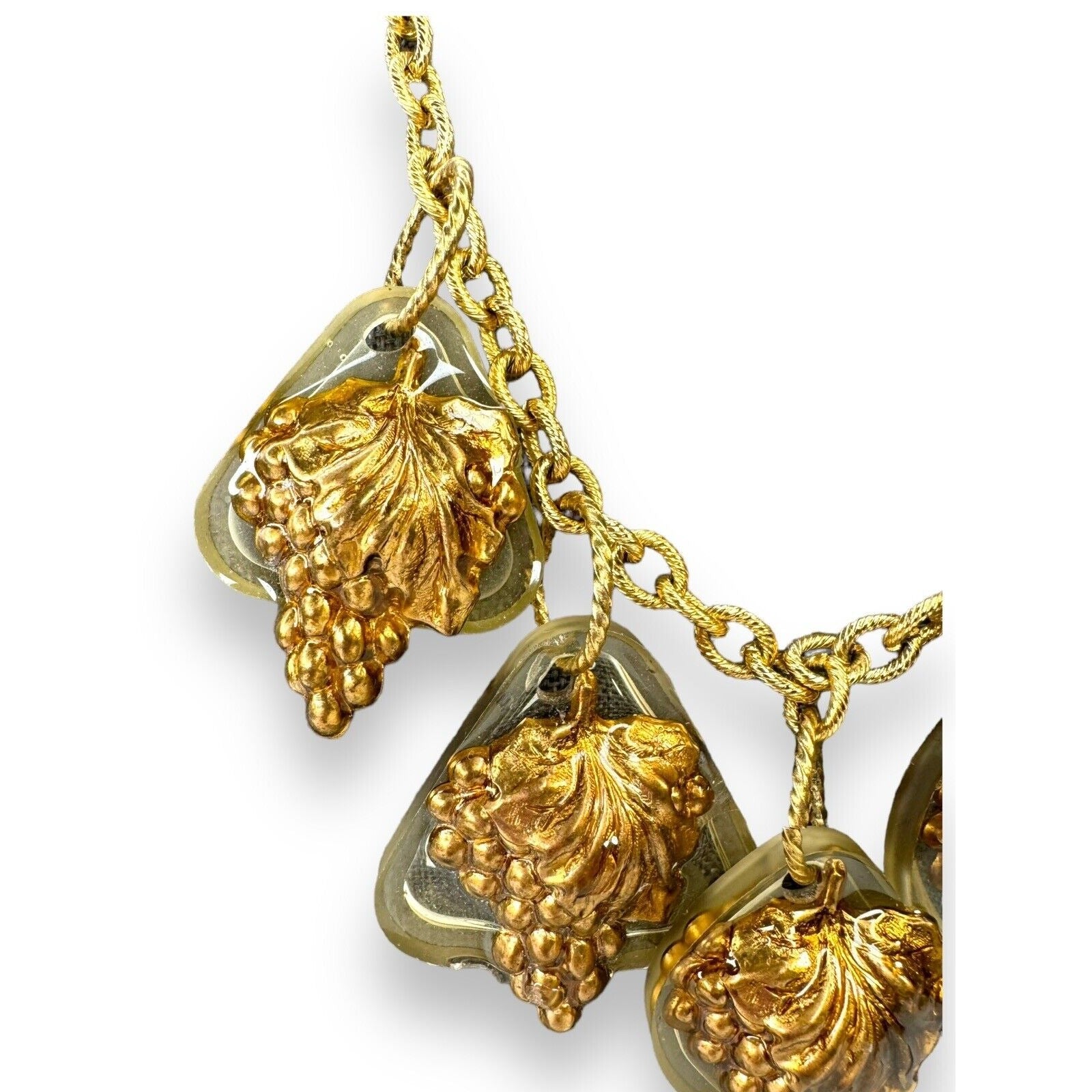 Artisan Gay Isber Statement Necklace Gold Grape Charms Resin Mixed Media 19”