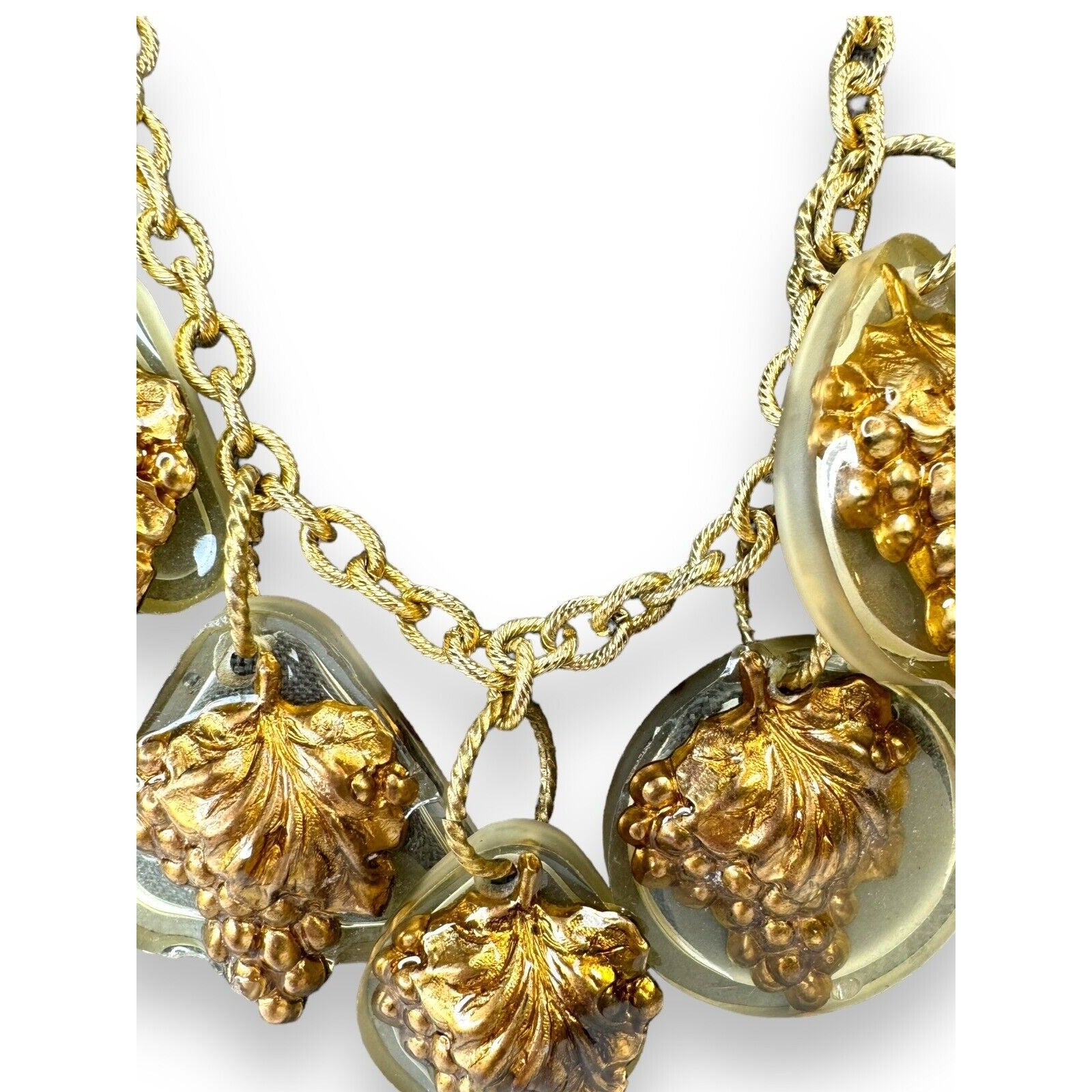 Artisan Gay Isber Statement Necklace Gold Grape Charms Resin Mixed Media 19”