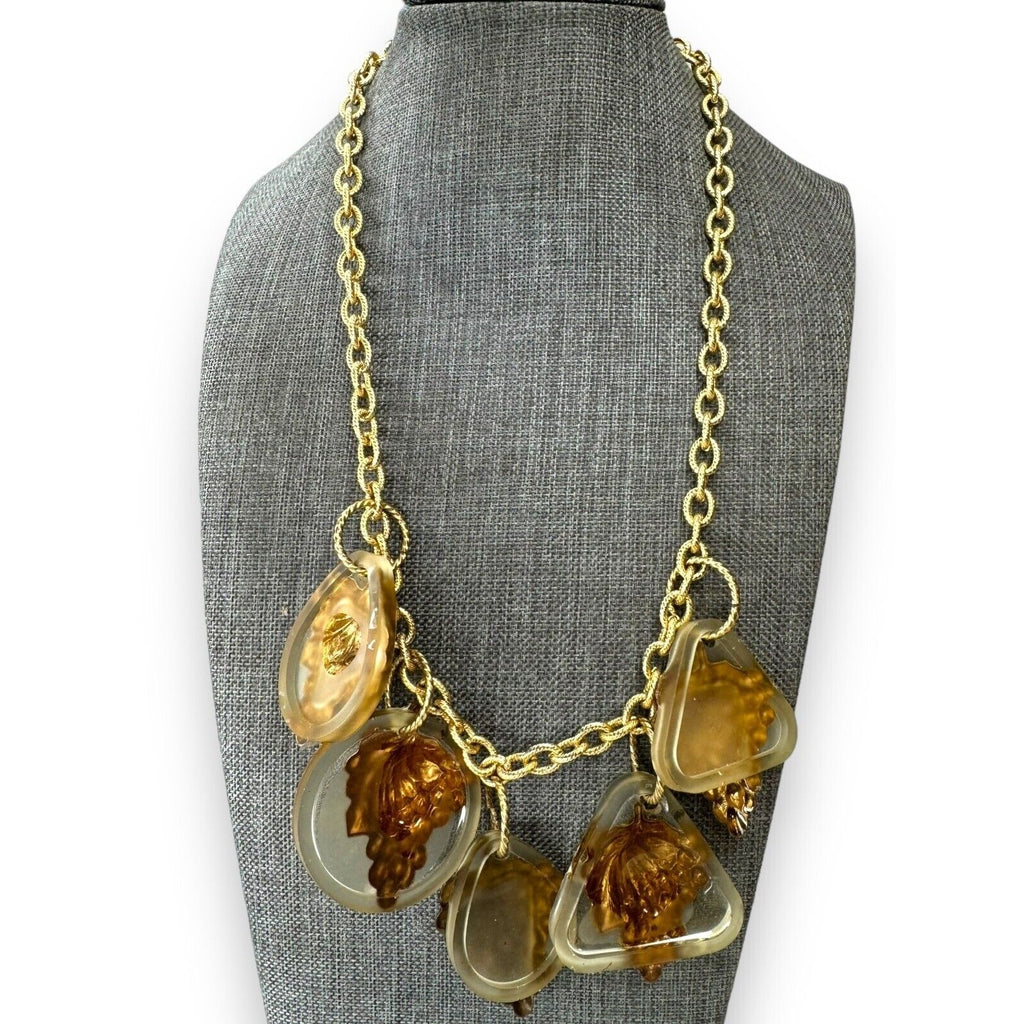 Artisan Gay Isber Statement Necklace Gold Grape Charms Resin Mixed Media 19”