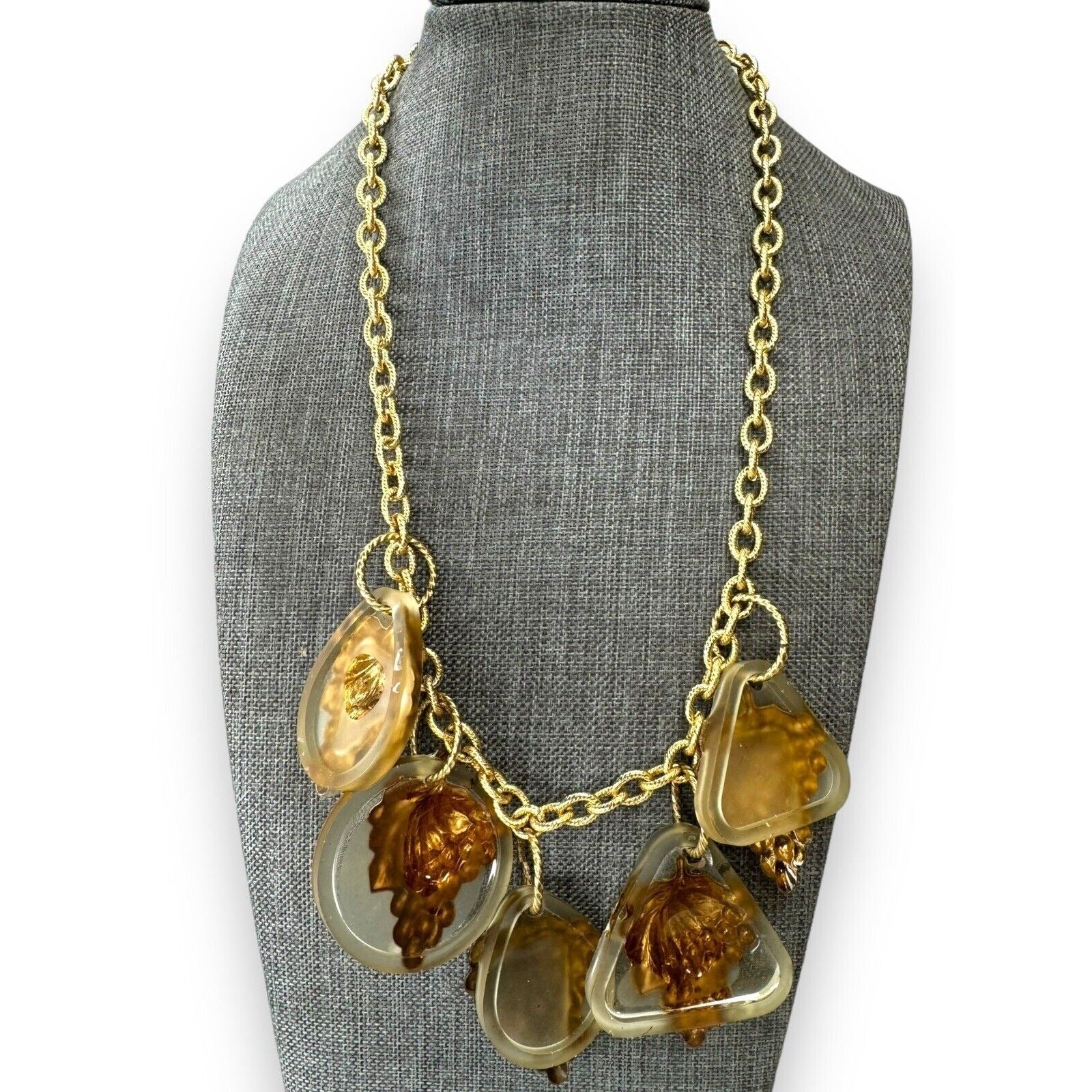 Artisan Gay Isber Statement Necklace Gold Grape Charms Resin Mixed Media 19”
