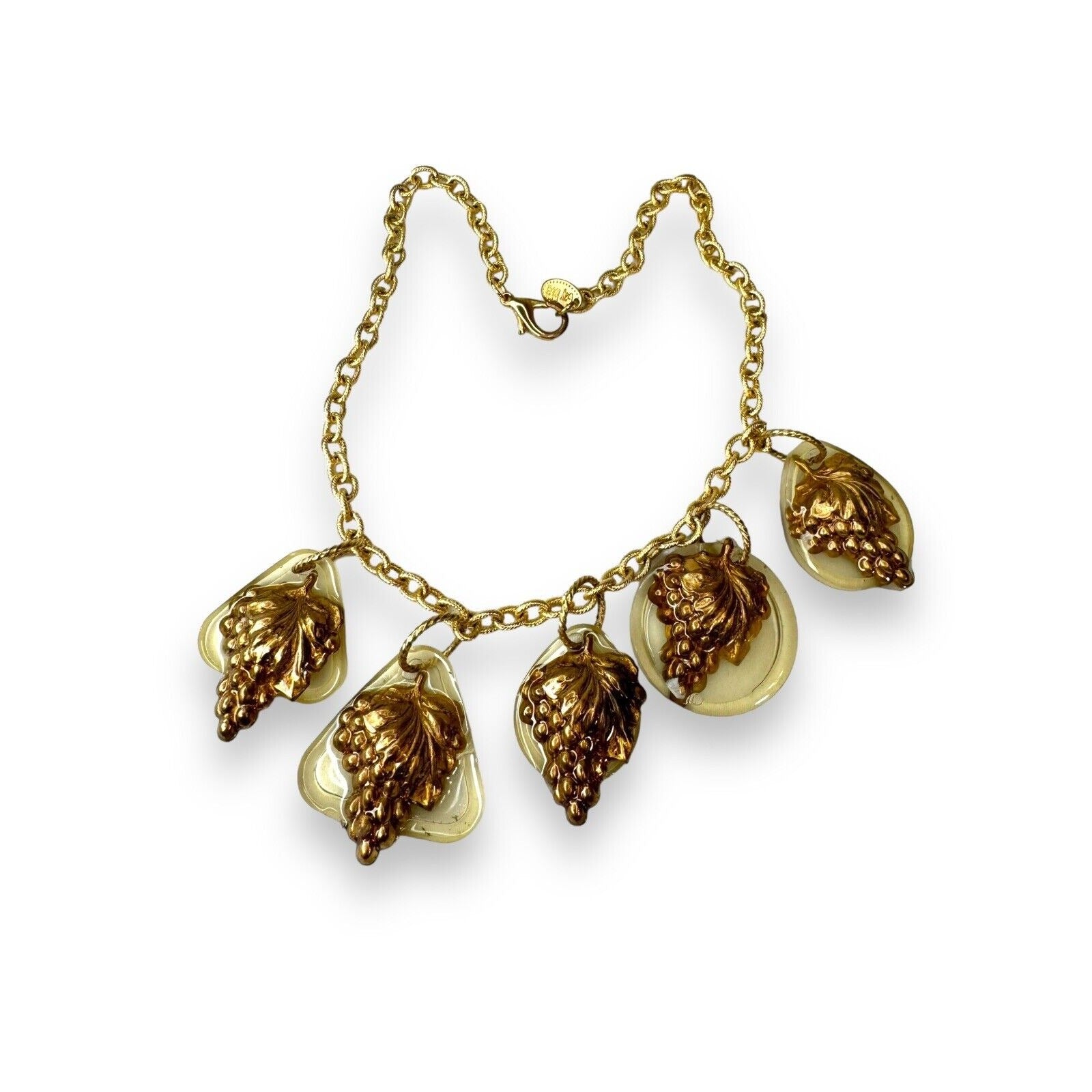 Artisan Gay Isber Statement Necklace Gold Grape Charms Resin Mixed Media 19”
