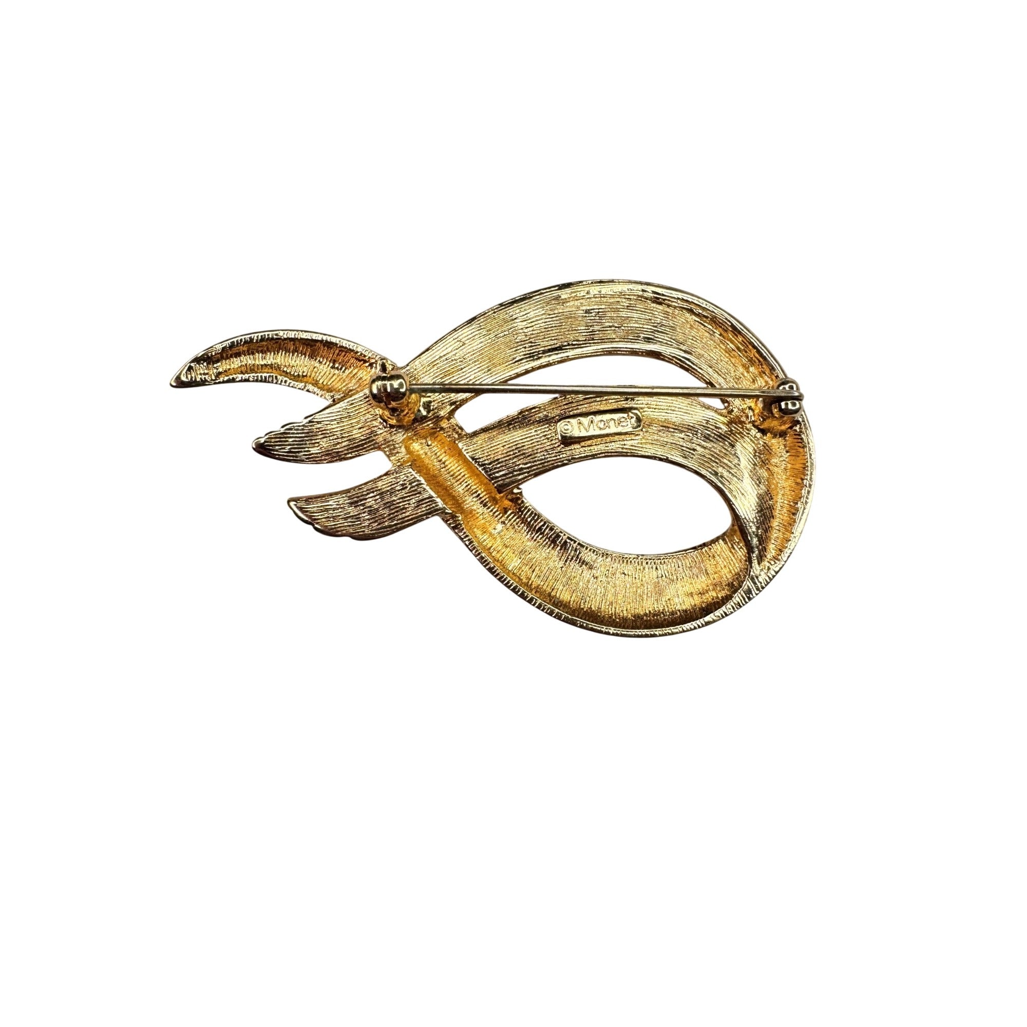 Monet Gold Tone Ribbon Loop Brooch Sculptural Modernist 1980s Vintage