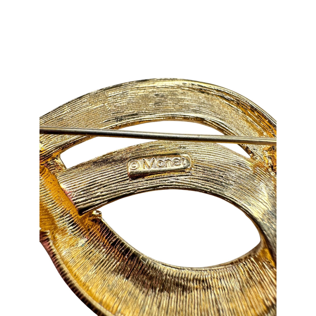 Monet Gold Tone Ribbon Loop Brooch Sculptural Modernist 1980s Vintage
