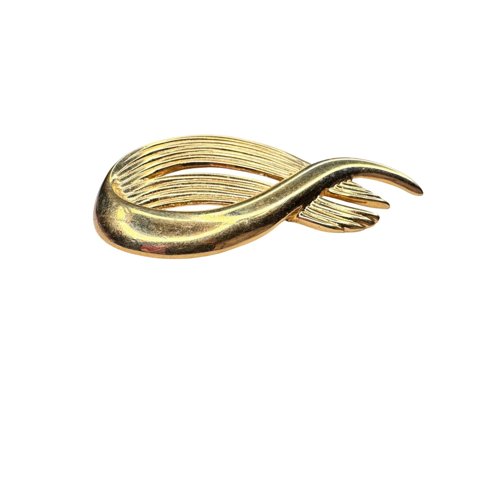 Monet Gold Tone Ribbon Loop Brooch Sculptural Modernist 1980s Vintage