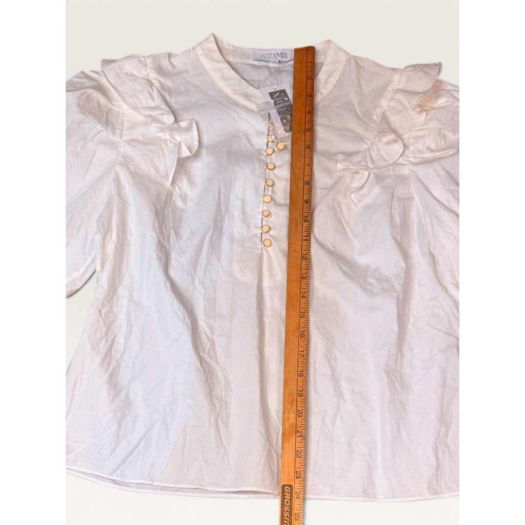 Intermix Size 14 Blouse White Leona Ruffle Poplin Balloon Sleeve New