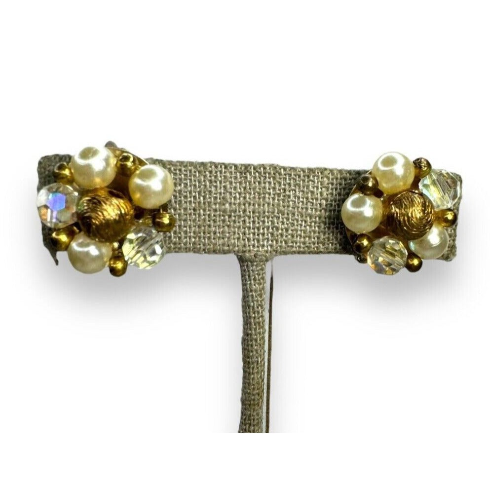 Vintage Lisner Faux Pearl Crystal Cluster Clip Earrings Gold Tone .68" 1950s