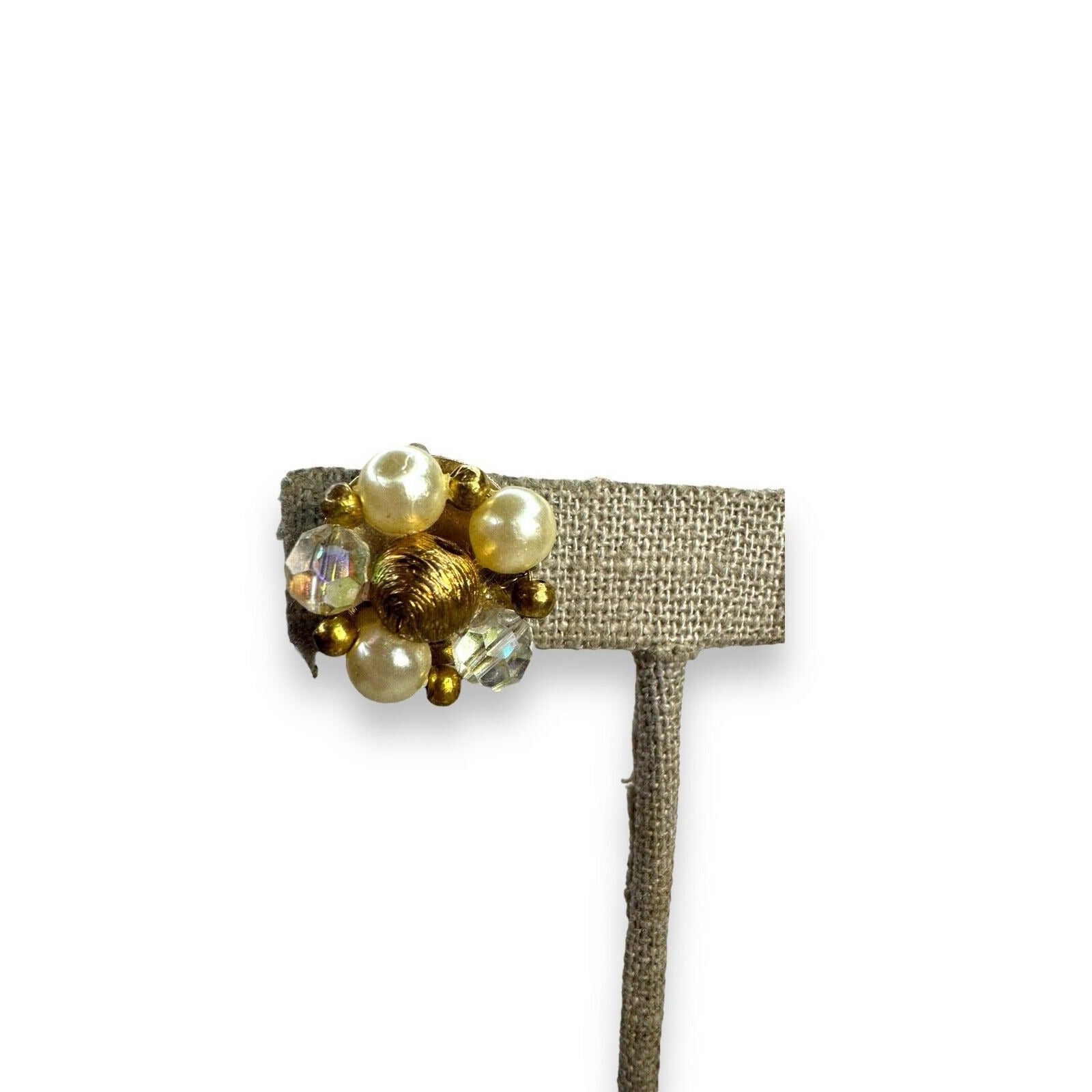 Vintage Lisner Faux Pearl Crystal Cluster Clip Earrings Gold Tone .68" 1950s