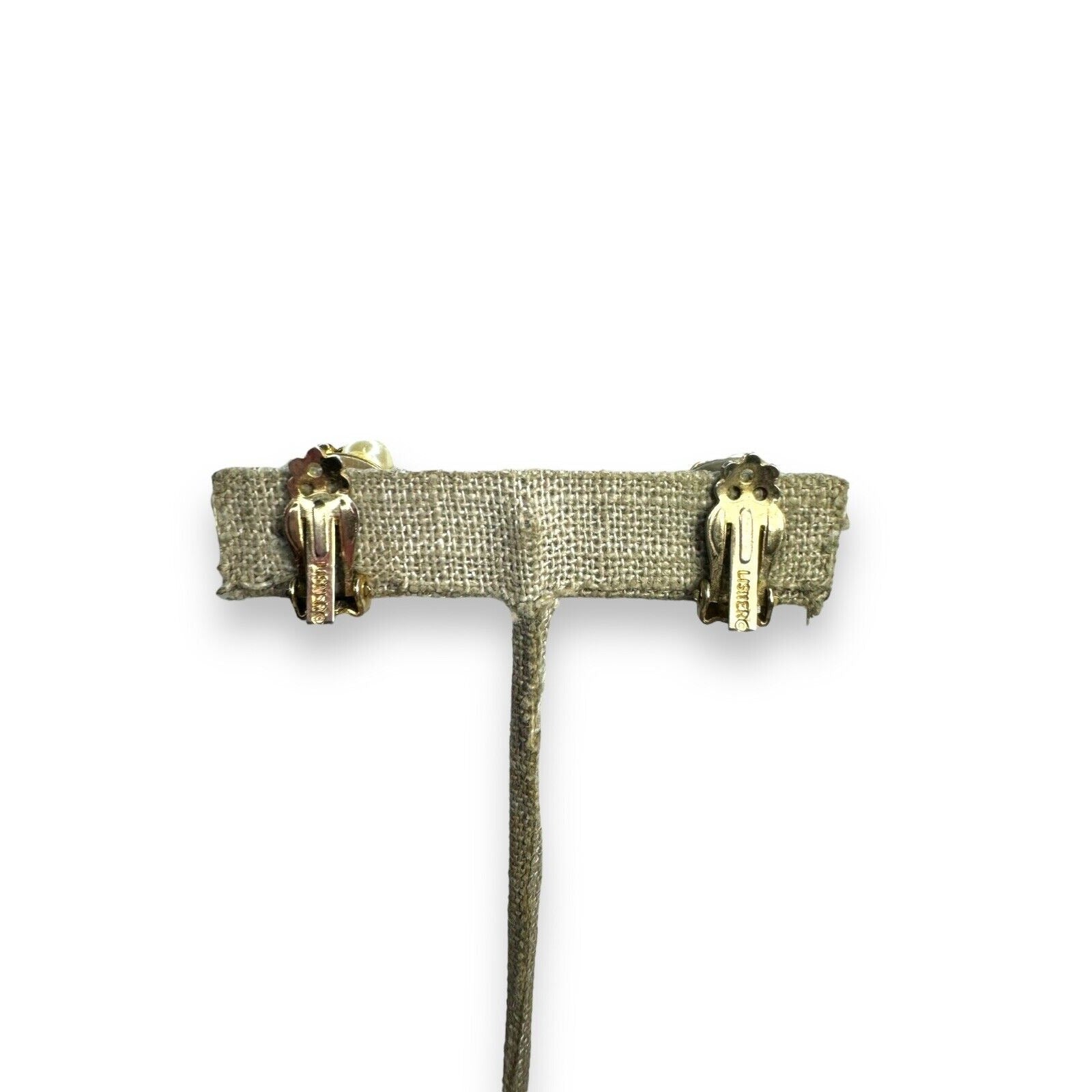 Vintage Lisner Faux Pearl Crystal Cluster Clip Earrings Gold Tone .68" 1950s