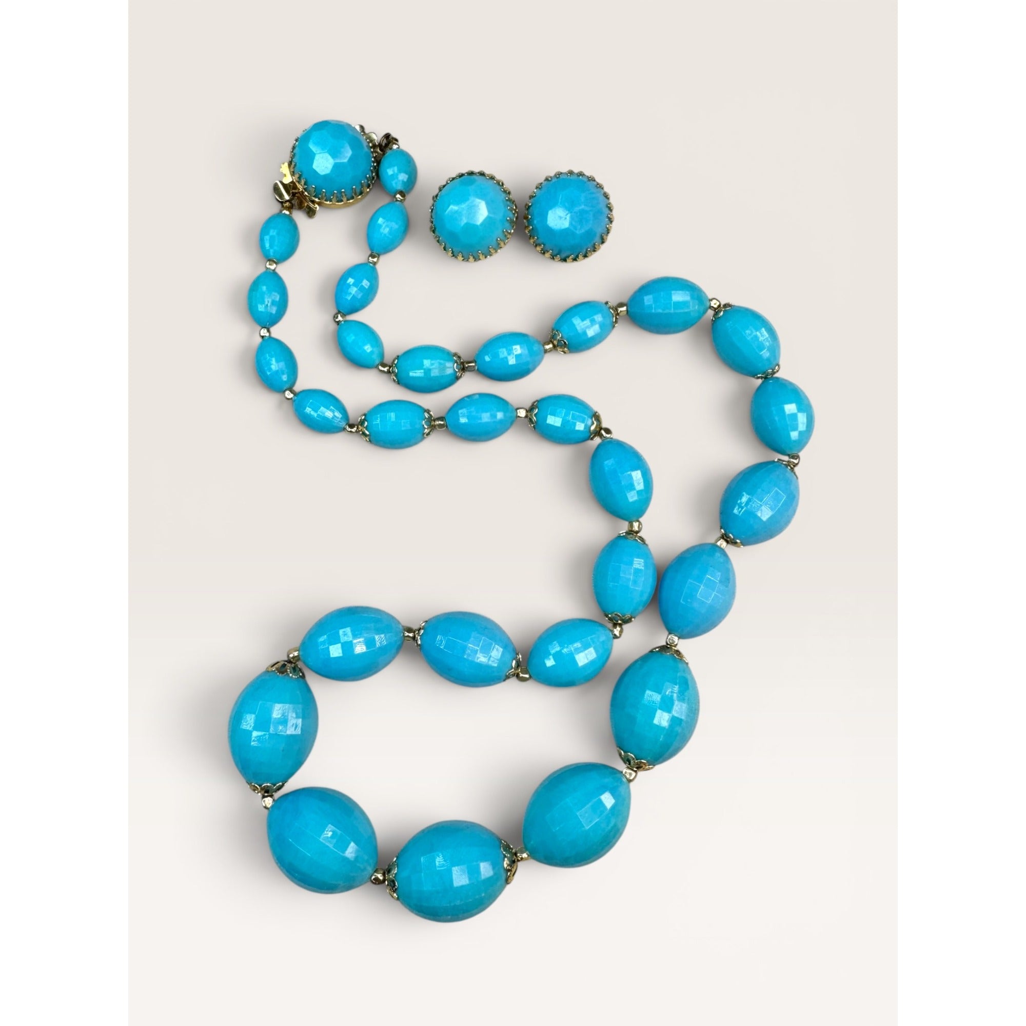 Hong Kong Blue Molded Plastic Acrylic Bead Necklace Clip Earrings Set Vintage