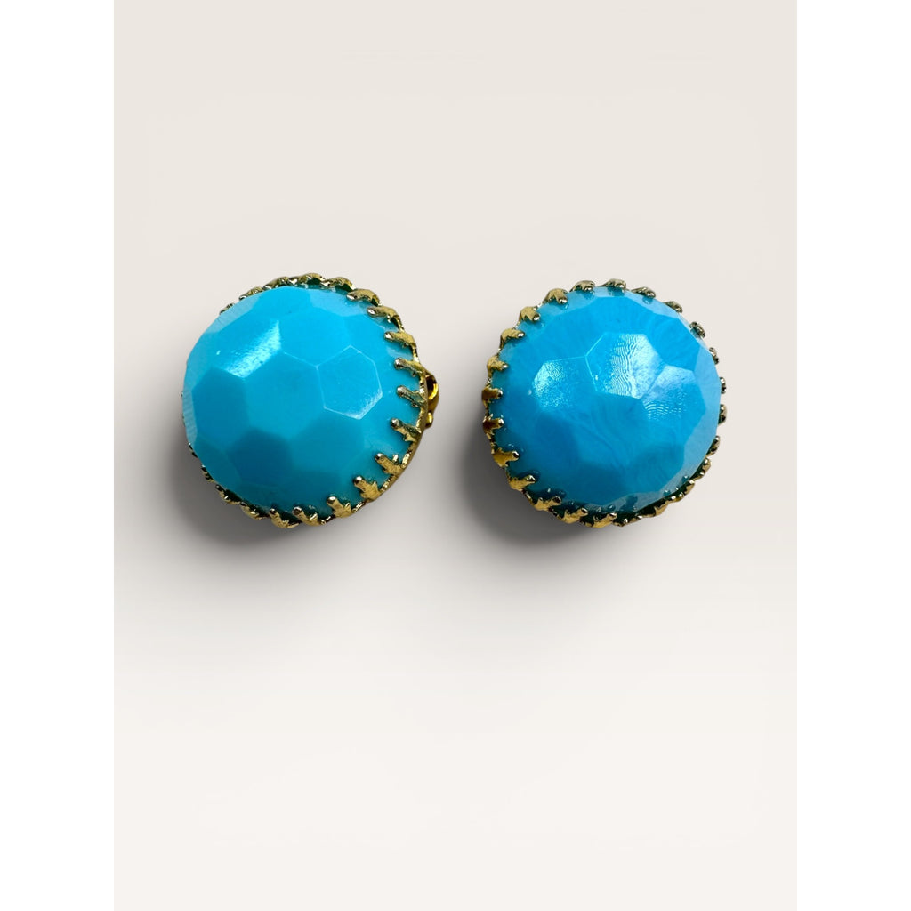 Hong Kong Blue Molded Plastic Acrylic Bead Necklace Clip Earrings Set Vintage