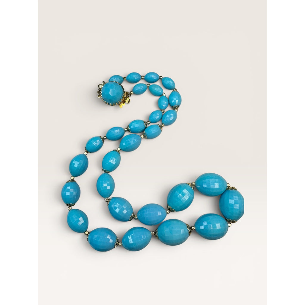 Hong Kong Blue Molded Plastic Acrylic Bead Necklace Clip Earrings Set Vintage