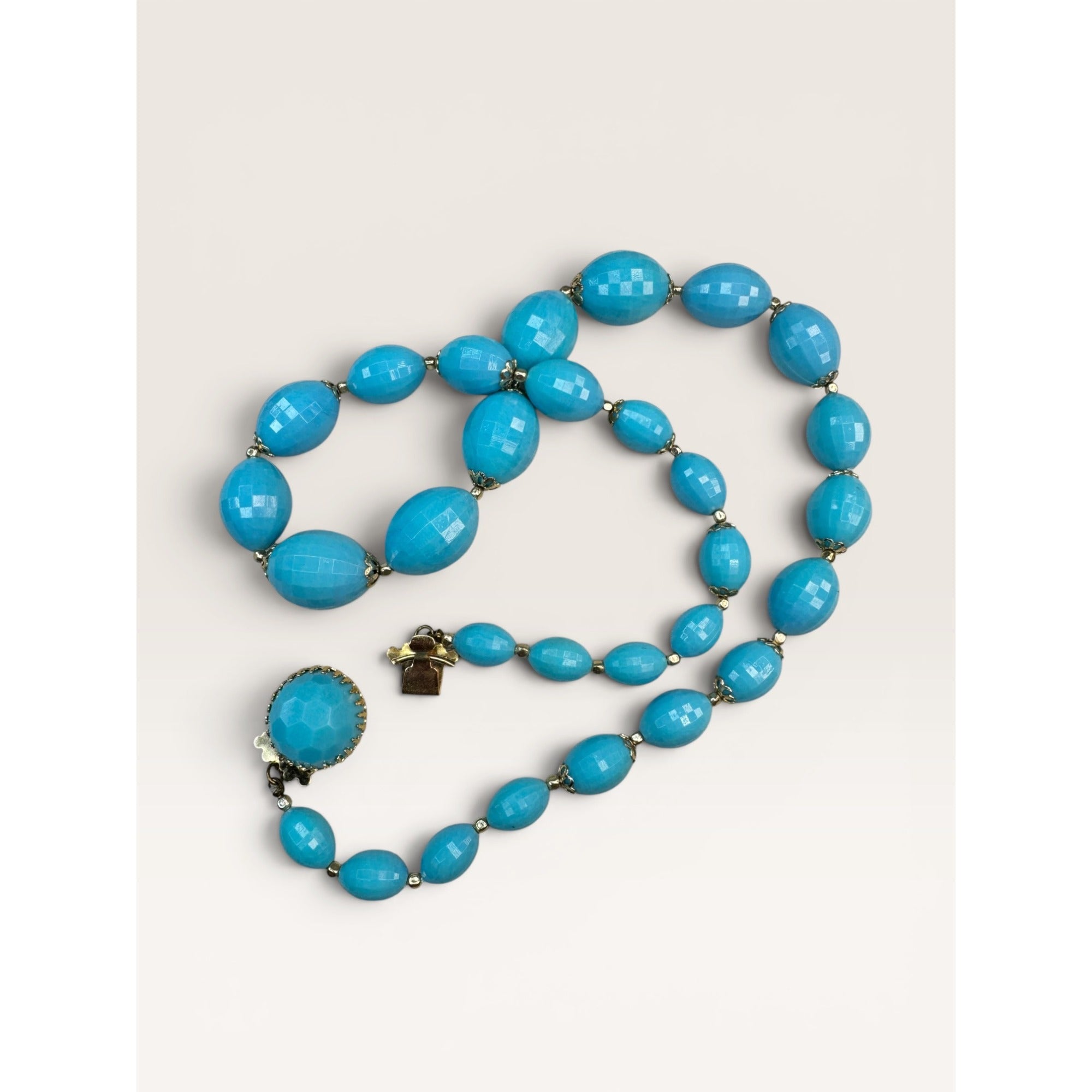 Hong Kong Blue Molded Plastic Acrylic Bead Necklace Clip Earrings Set Vintage