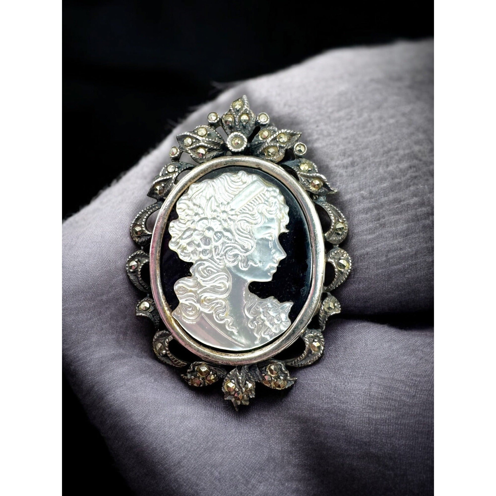 Art Deco Sterling Silver Cameo Brooch Pendant Marcasite Mother Of Pearl