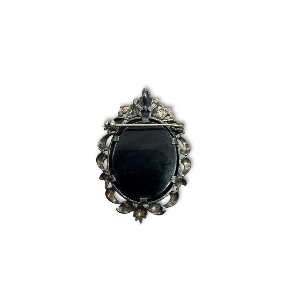 Art Deco Sterling Silver Cameo Brooch Pendant Marcasite Mother Of Pearl